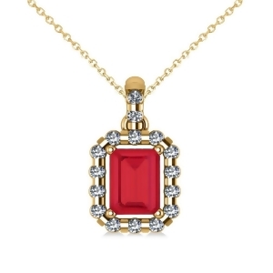 Diamond and Emerald Cut Ruby Halo Pendant Necklace 14k Yellow Gold 1.39ct - All