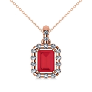 Diamond and Emerald Cut Ruby Halo Pendant Necklace 14k Rose Gold 1.39ct - All