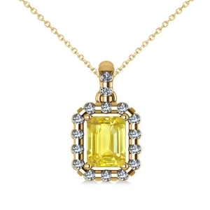 Diamond and Emerald Cut Yellow Sapphire Halo Pendant Necklace 14k Yellow Gold 1.39ct - All
