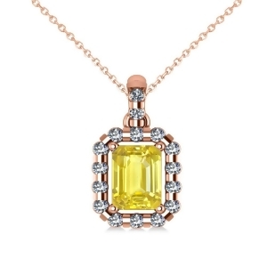 Diamond and Emerald Cut Yellow Sapphire Halo Pendant Necklace 14k Rose Gold 1.39ct - All
