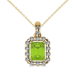 Diamond and Emerald Cut Peridot Halo Pendant Necklace 14k Yellow Gold 1.24ct - All