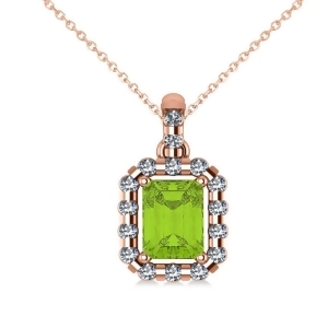 Diamond and Emerald Cut Peridot Halo Pendant Necklace 14k Rose Gold 1.24ct - All