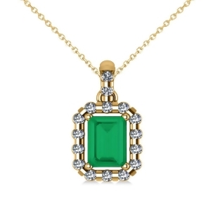 Diamond and Emerald Cut Emerald Halo Pendant Necklace 14k Yellow Gold 1.14ct - All
