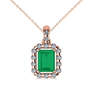 Diamond and Emerald Cut Emerald Halo Pendant Necklace 14k Rose Gold 1.14ct - All