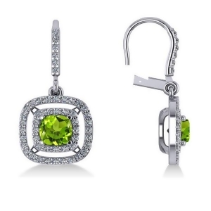 Peridot and Diamond Double Halo Dangling Earrings 14k White Gold 3.00ct - All