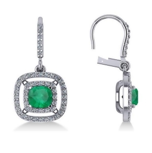 Emerald and Diamond Double Halo Dangling Earrings 14k White Gold 3.00ct - All