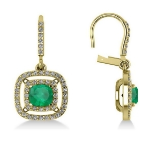 Emerald and Diamond Double Halo Dangling Earrings 14k Yellow Gold 3.00ct - All