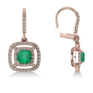 Emerald and Diamond Double Halo Dangling Earrings 14k Rose Gold 3.00ct - All