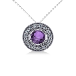 Round Amethyst and Diamond Halo Pendant Necklace 14k White Gold 1.55ct - All