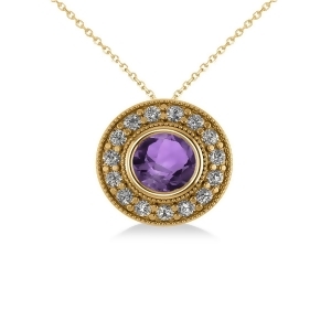 Round Amethyst and Diamond Halo Pendant Necklace 14k Yellow Gold 1.55ct - All