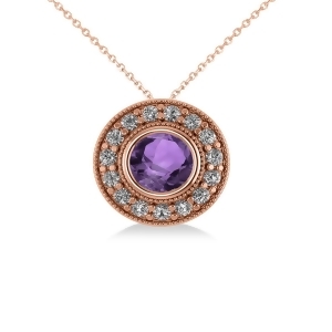 Round Amethyst and Diamond Halo Pendant Necklace 14k Rose Gold 1.55ct - All