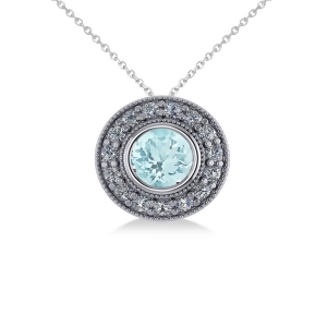 Round Aquamarine and Diamond Halo Pendant Necklace 14k White Gold 1.76ct - All