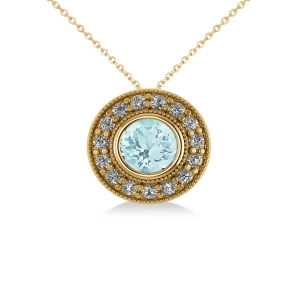 Round Aquamarine and Diamond Halo Pendant Necklace 14k Yellow Gold 1.76ct - All