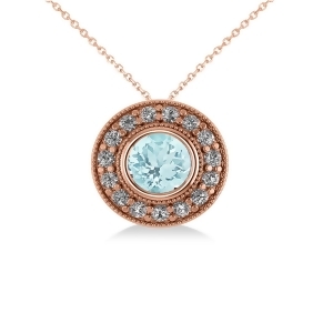 Round Aquamarine and Diamond Halo Pendant Necklace 14k Rose Gold 1.76ct - All