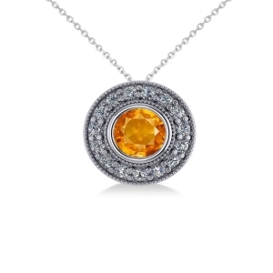 Round Citrine and Diamond Halo Pendant Necklace 14k White Gold 1.55ct - All