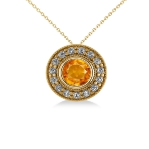 Round Citrine and Diamond Halo Pendant Necklace 14k Yellow Gold 1.55ct - All