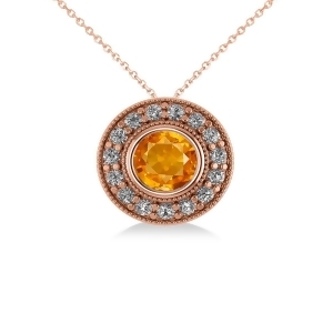Round Citrine and Diamond Halo Pendant Necklace 14k Rose Gold 1.55ct - All