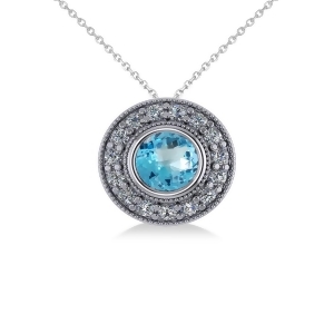 Round Blue Topaz and Diamond Halo Pendant Necklace 14k White Gold 1.81ct - All