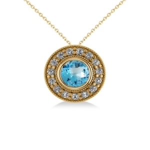 Round Blue Topaz and Diamond Halo Pendant Necklace 14k Yellow Gold 1.81ct - All