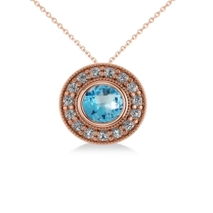 Round Blue Topaz and Diamond Halo Pendant Necklace 14k Rose Gold 1.81ct - All