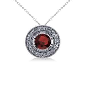 Round Garnet and Diamond Halo Pendant Necklace 14k White Gold 1.85ct - All
