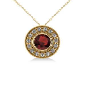 Round Garnet and Diamond Halo Pendant Necklace 14k Yellow Gold 1.85ct - All