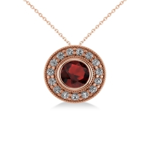 Round Garnet and Diamond Halo Pendant Necklace 14k Rose Gold 1.85ct - All