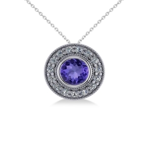 Round Tanzanite and Diamond Halo Pendant Necklace 14k White Gold 1.86ct - All