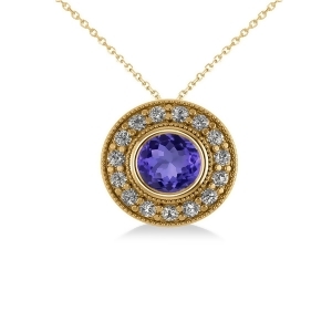 Round Tanzanite and Diamond Halo Pendant Necklace 14k Yellow Gold 1.86ct - All