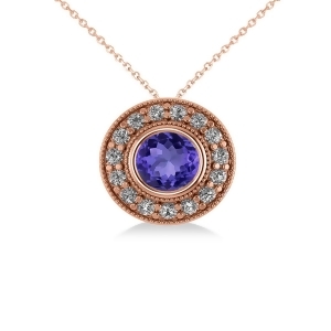 Round Tanzanite and Diamond Halo Pendant Necklace 14k Rose Gold 1.86ct - All