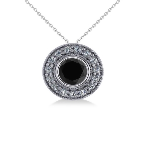 Round Black Diamond and Diamond Halo Pendant Necklace 14k White Gold 1.45ct - All