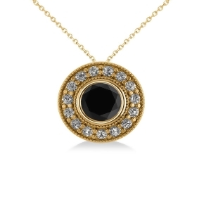 Round Black Diamond and Diamond Halo Pendant Necklace 14k Yellow Gold 1.45ct - All