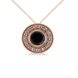 Round Black Diamond and Diamond Halo Pendant Necklace 14k Rose Gold 1.45ct - All