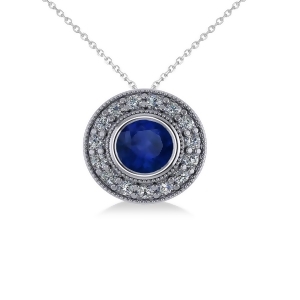 Round Blue Sapphire and Diamond Halo Pendant Necklace 14k White Gold 1.86ct - All
