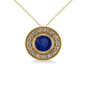 Round Blue Sapphire and Diamond Halo Pendant Necklace 14k Yellow Gold 1.86ct - All