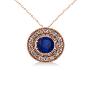 Round Blue Sapphire and Diamond Halo Pendant Necklace 14k Rose Gold 1.86ct - All