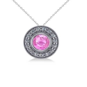 Round Pink Sapphire and Diamond Halo Pendant Necklace 14k White Gold 1.86ct - All
