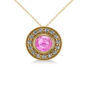 Round Pink Sapphire and Diamond Halo Pendant Necklace 14k Yellow Gold 1.86ct - All