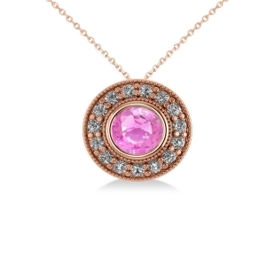 Round Pink Sapphire and Diamond Halo Pendant Necklace 14k Rose Gold 1.86ct - All