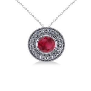 Round Ruby and Diamond Halo Pendant Necklace 14k White Gold 1.86ct - All