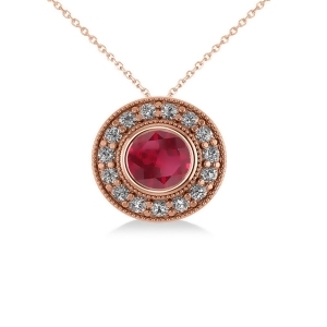 Round Ruby and Diamond Halo Pendant Necklace 14k Rose Gold 1.86ct - All