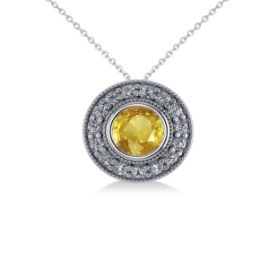 Round Yellow Sapphire and Diamond Halo Pendant Necklace 14k White Gold 1.86ct - All
