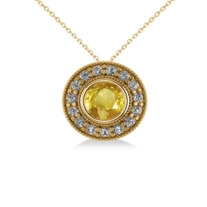 Round Yellow Sapphire and Diamond Halo Pendant Necklace 14k Round Yellow Gold 1.86ct - All