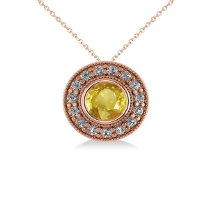 Round Yellow Sapphire and Diamond Halo Pendant Necklace 14k Rose Gold 1.86ct - All