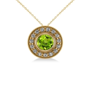 Round Peridot and Diamond Halo Pendant Necklace 14k Yellow Gold 1.56ct - All