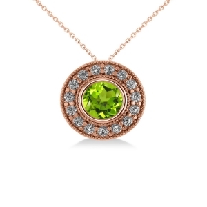 Round Peridot and Diamond Halo Pendant Necklace 14k Rose Gold 1.56ct - All
