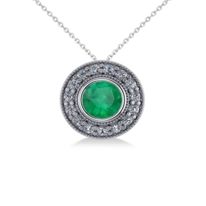Round Emerald and Diamond Halo Pendant Necklace 14k White Gold 1.71ct - All