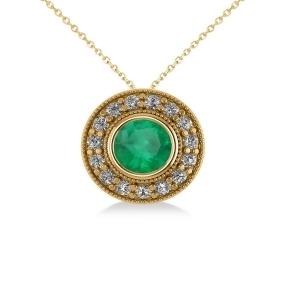 Round Emerald and Diamond Halo Pendant Necklace 14k Yellow Gold 1.71ct - All