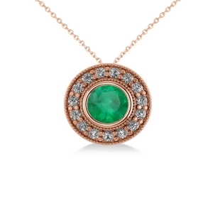 Round Emerald and Diamond Halo Pendant Necklace 14k Rose Gold 1.71ct - All