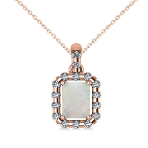 Diamond and Emerald Cut Opal Halo Pendant Necklace 14k Rose Gold 0.84ct - All